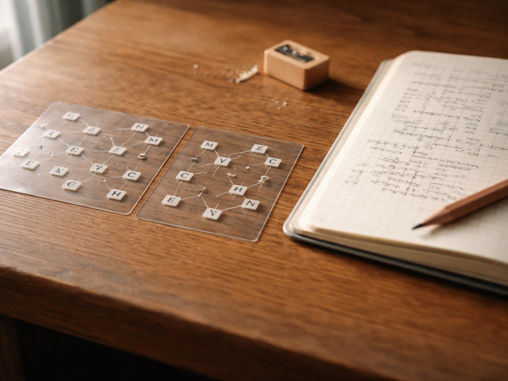 Minimalistische foto van een cryptogram-opstelling met losse letters als tweelagige aanwijzing en letterkoppelingen.