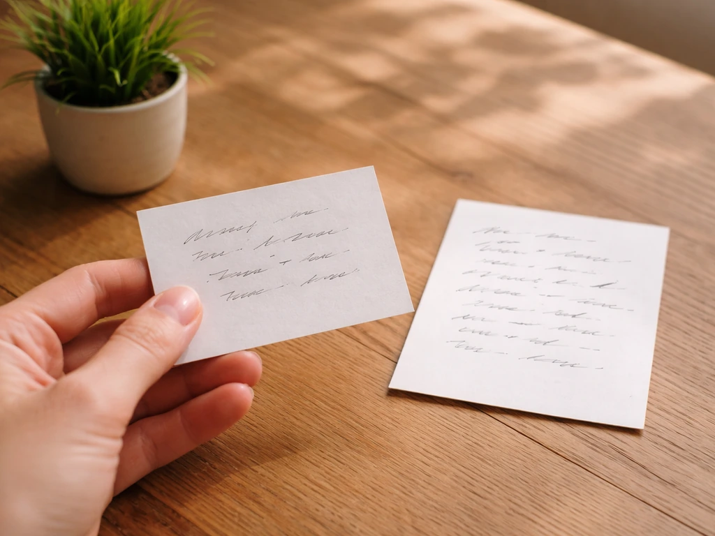 Hand met notitiekaartje met synoniemen voor gazon en grasveld, op tafel bij daglicht