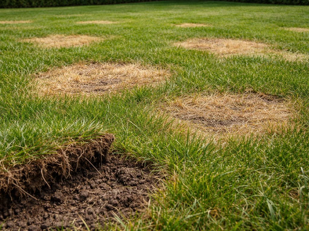 Gazon met gele en bruine plekken alsof het droogtestress is, met licht opgetilde graszode en aarde.