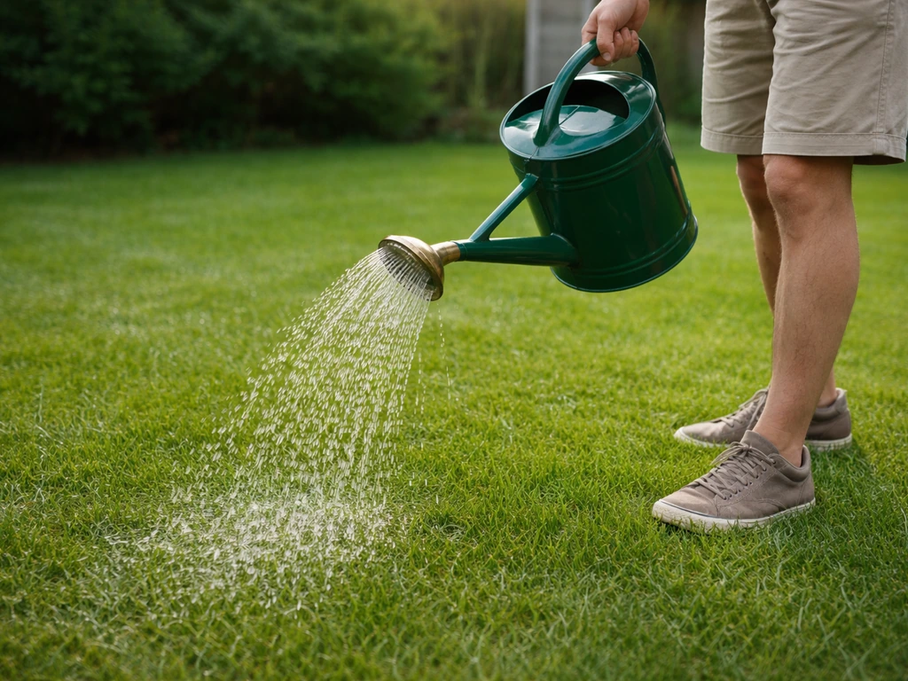 Gieter met water dat net over een groen gazon wordt uitgegoten voor biologische bestrijding met nematoden.