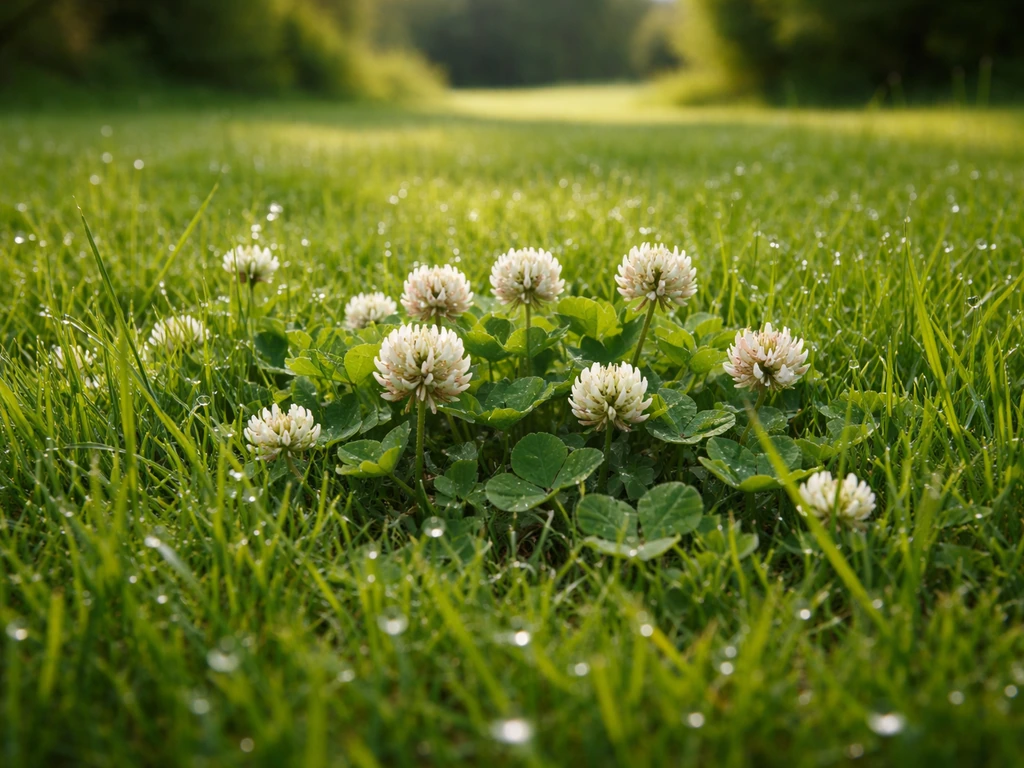Witte klaver tussen groene graspolletjes in een verzorgd gazon, met dauwdruppels.