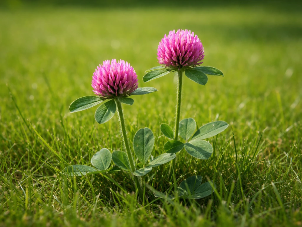 Close-up van rode klaver in het gazon met roze tot roodpaarse bloemen en rechtopstaande bladeren.