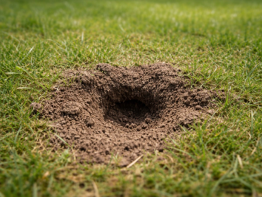 Ondiep egelgat in gras met uitgepeuterde bovenlaag als trechtertje, close-up bij daglicht.
