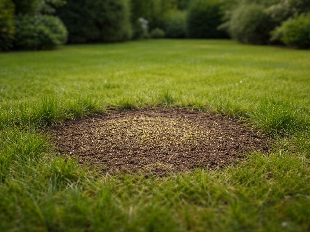 Kale plek in het gras na egelactiviteit met vers ingezaaid gras en licht aangedrukte aarde