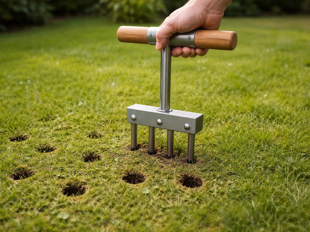 Hand met gazonluchter die in verdichte grond prikt rond gaatjes in het gazon, minimalistische tuinsetting