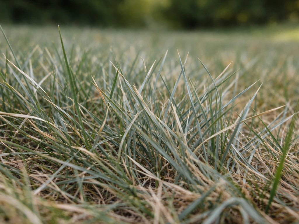 Close-up van dof blauwgrijs gras met zichtbare grassprieten en subtiele verkleuring
