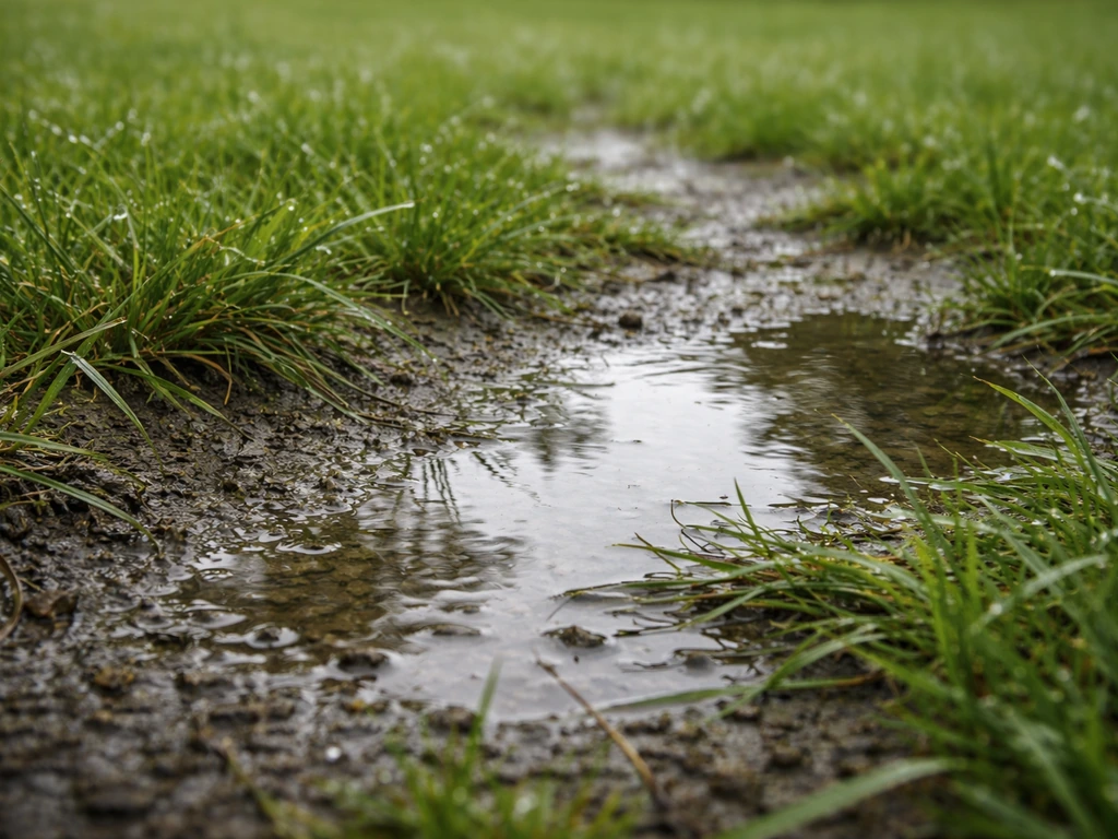 Nat gazon met plassen en donker verdichte bodem waar het gras duidelijk onder wateroverlast lijdt.