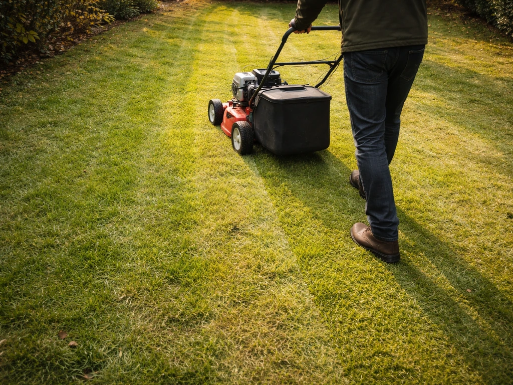 Een maaiende hand met grasmaaier in het najaar; gras oogt kort (4–5 cm) en licht gestrest.