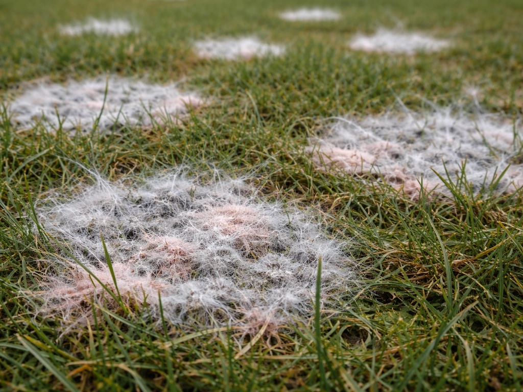Close-up van een gazon met ronde grijs/roze vlekken van sneeuwschimmel en zichtbare schimmeldraden