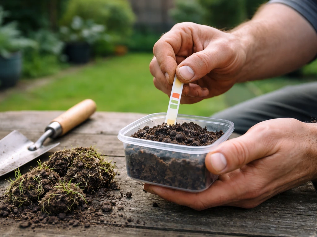 Anonieme tuinier test de pH van een mengmonster grond uit het gazon met een teststrip in de tuin.