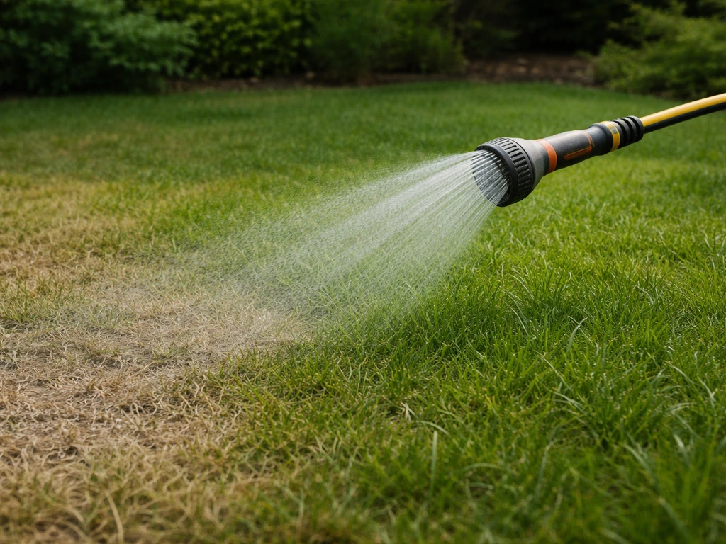Tuinslang die gelijkmatig water geeft op herstellend gras na droogtestress.