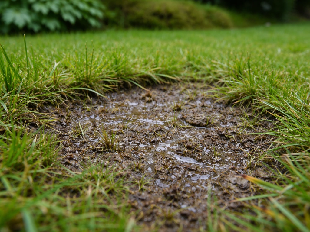 Dunne kale plekken in gras door slakken met zichtbare glanzende slakkensporen, in een stille tuin.