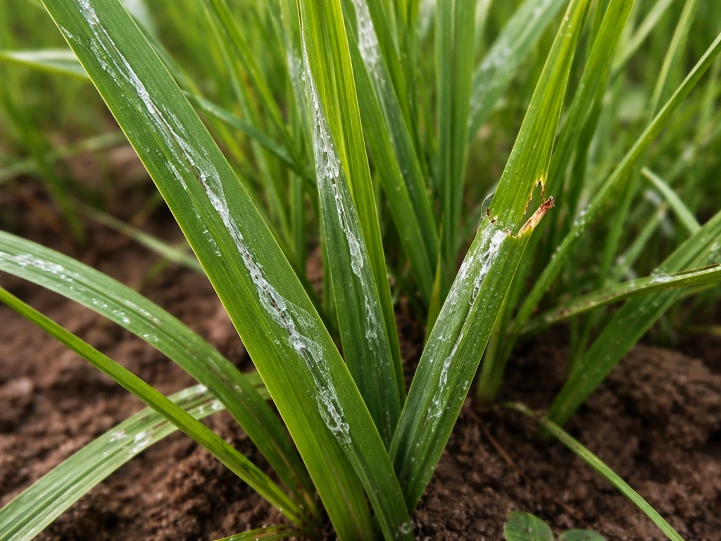 Close-up van gras met zilverachtige slakkensporen en rafelige afgeknaagde grassprieten