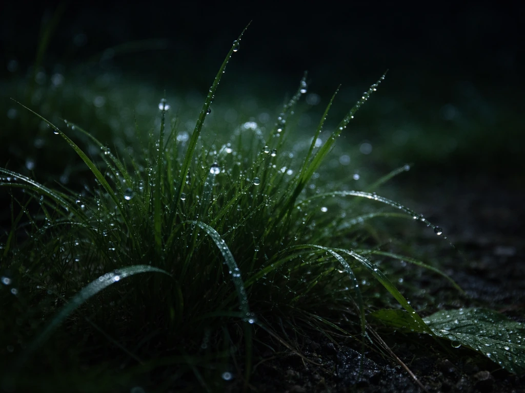 Natte graspolletjes met dauwdruppels in een stille, nachtelijke tuin—vochtige omstandigheden die slakken aantrekken.