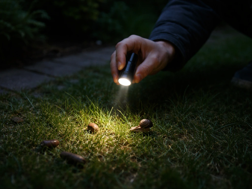 Iemand raapt met zaklantaarn in de avond slakken uit het gras voor een kleine tuin, rustige minimalistische scène.