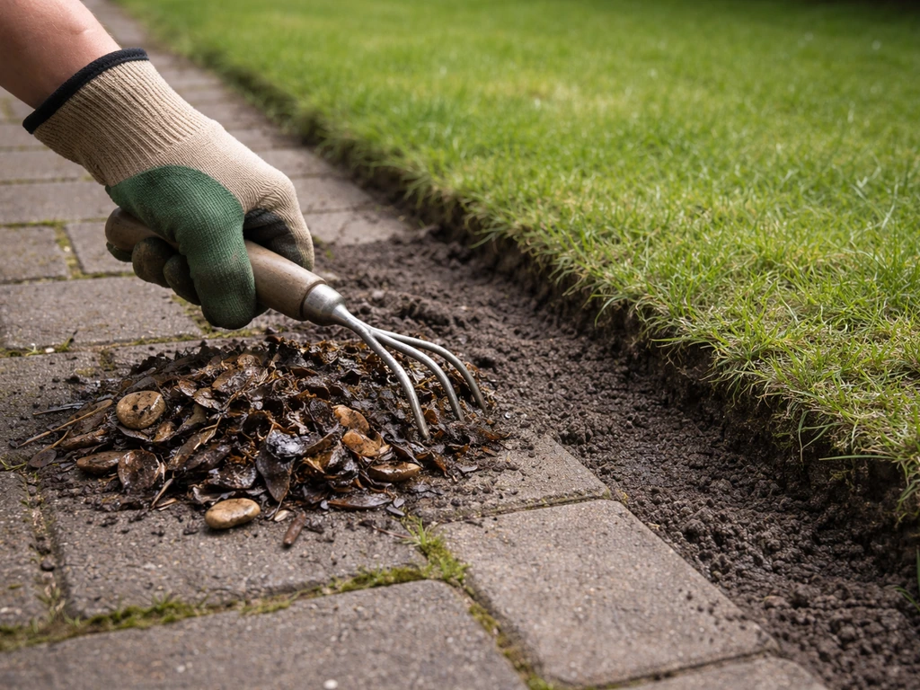 Handschoen en tuinhark die bladresten en omgevallen stenen langs de gazonrand opruimen, schone tuinstrook.