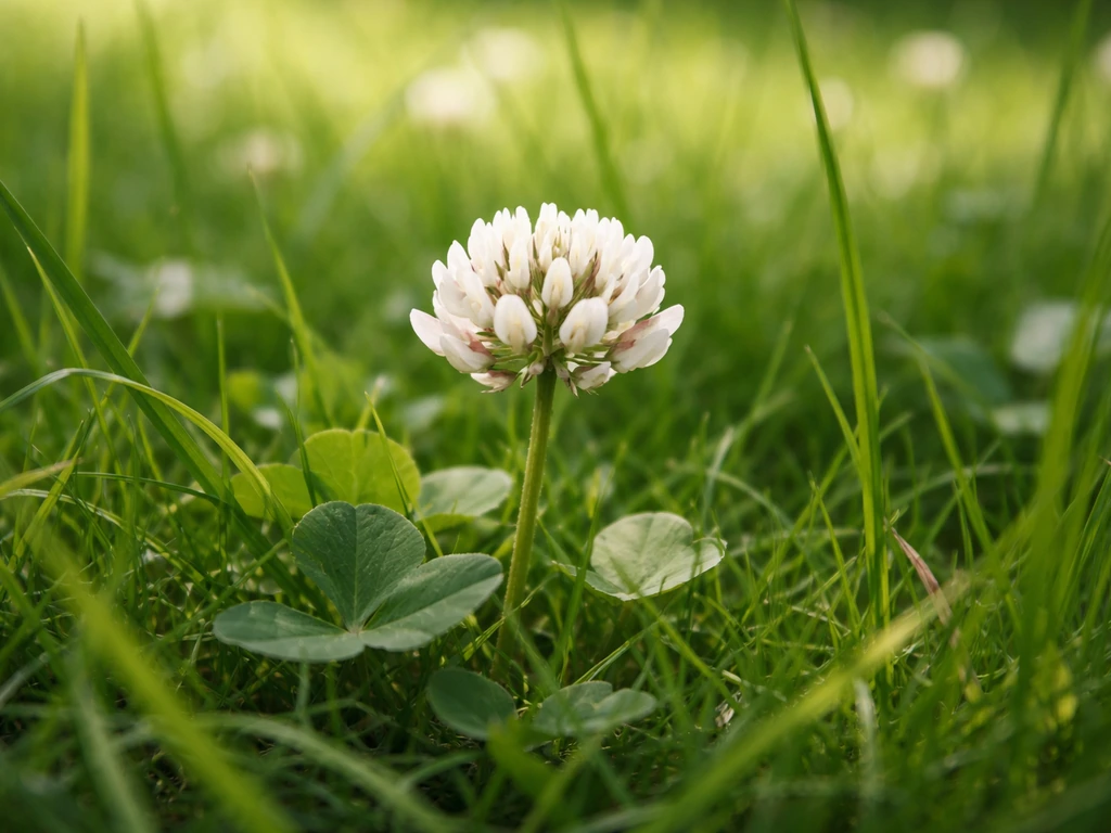 Witte klaver tussen het gras in een gazon, duidelijk zichtbaar als opkomende plant.