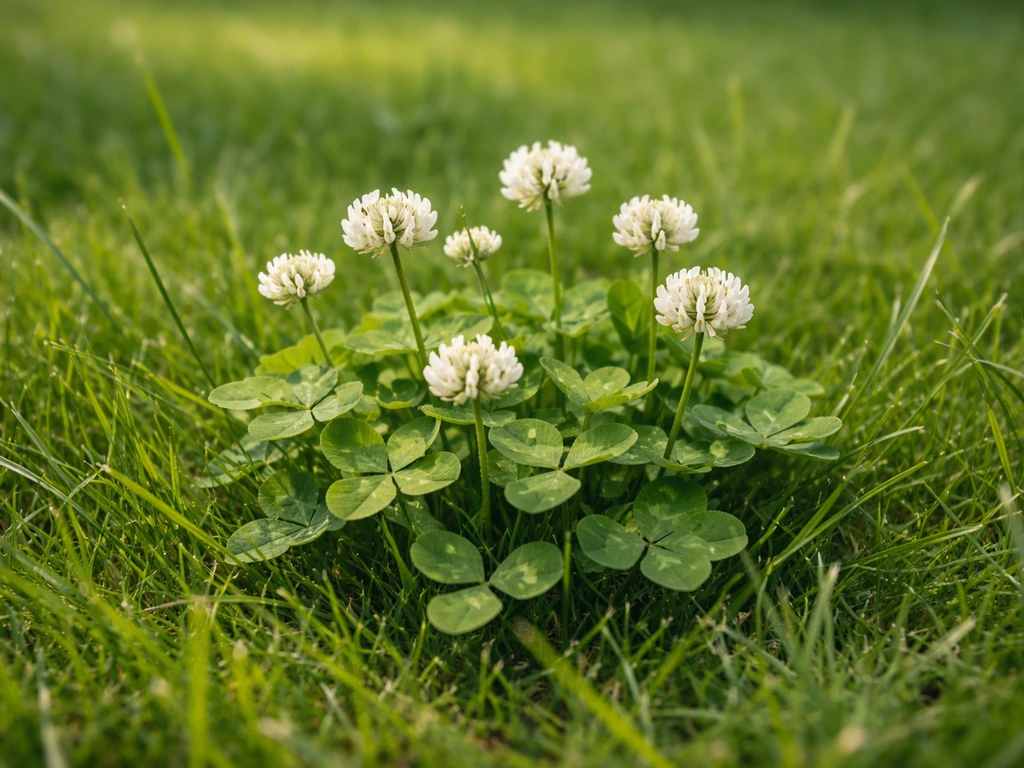 Close-up van witte klaver met drietallige bladeren en kleine bloemen naast Nederlands gras