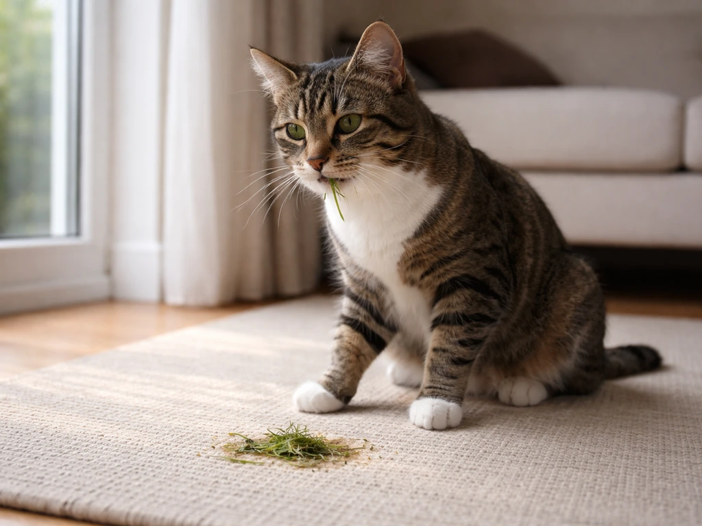 Kat spuugt gras uit op een lichte vloerkleed bij een raam, rustig en normaal ogend