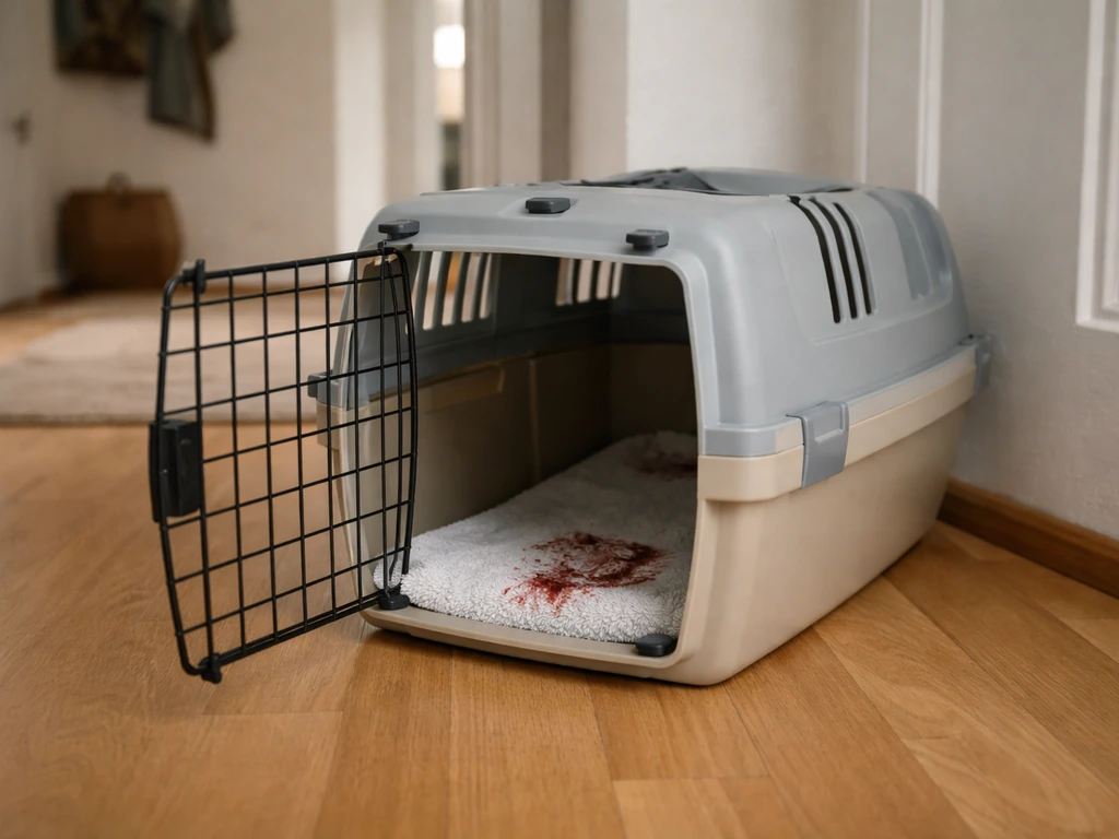 Kat in transportbox bij de voordeur, met subtiele rode vlekken op absorberend doek als spoedwaarschuwing