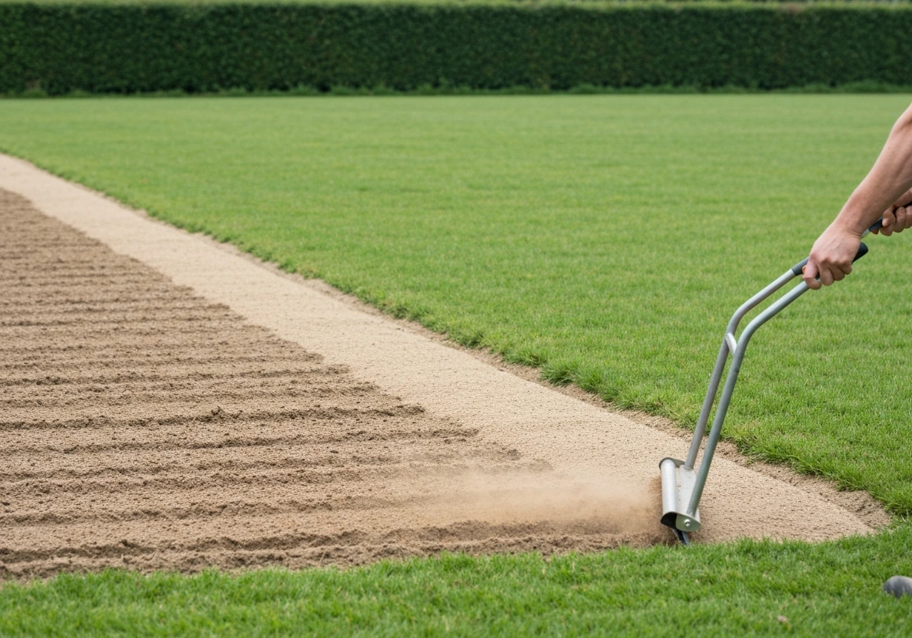 Topdressing en graszaad op een gazon met dunne plekken en klaverresten, in een rustige tuin.