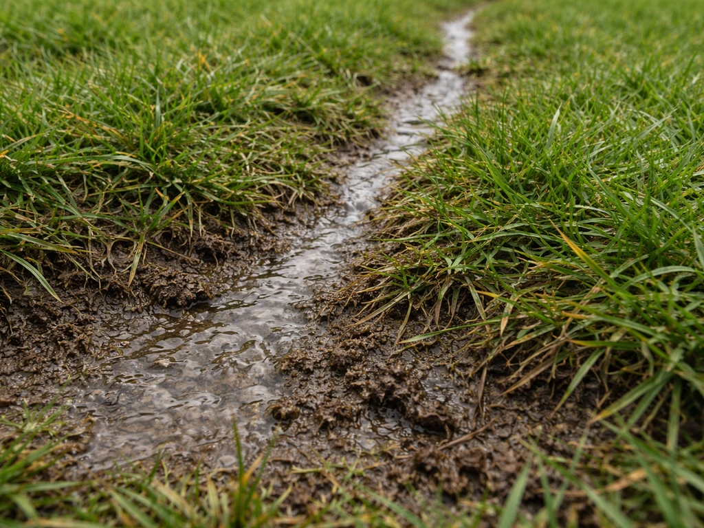 Close-up van een verdichte, viltige grasmat met zichtbare kluitjes en slecht water dat wegloopt