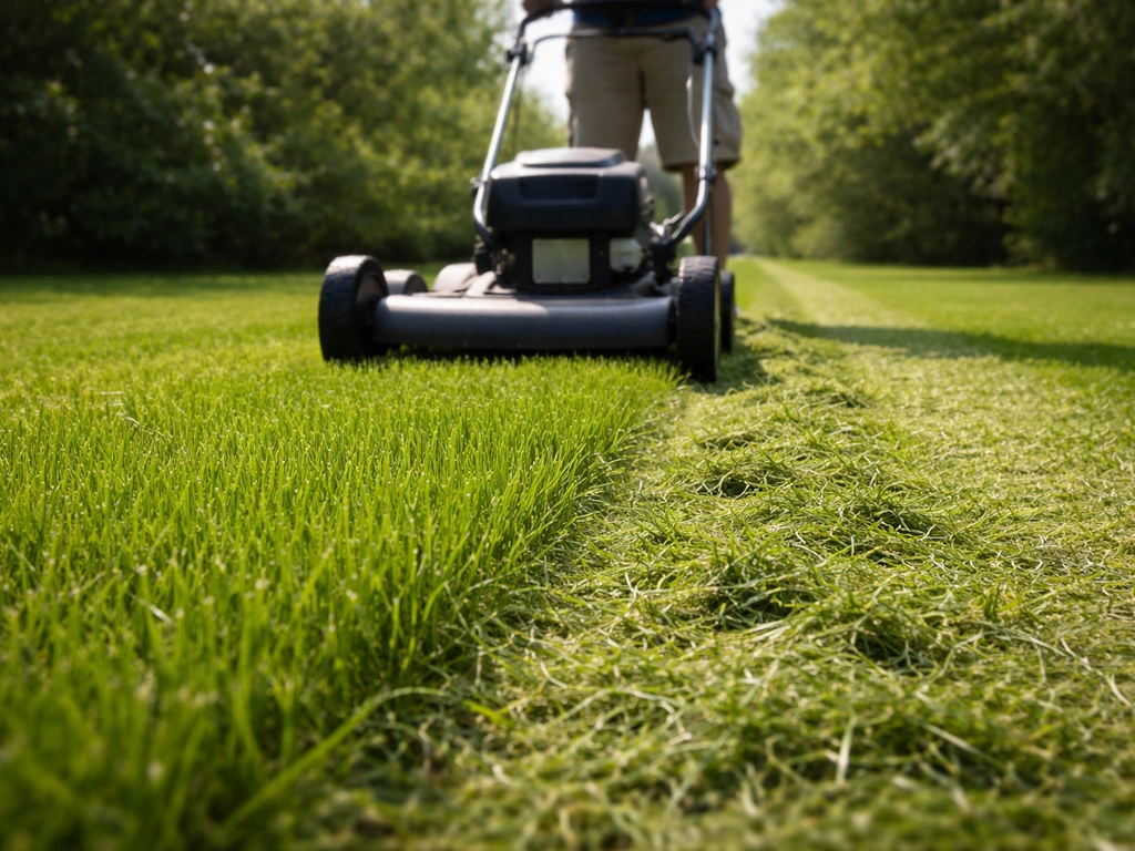 Gazon maaien met graspolen zichtbaar op 5–6 cm en vers maaisel in de grasbaan.