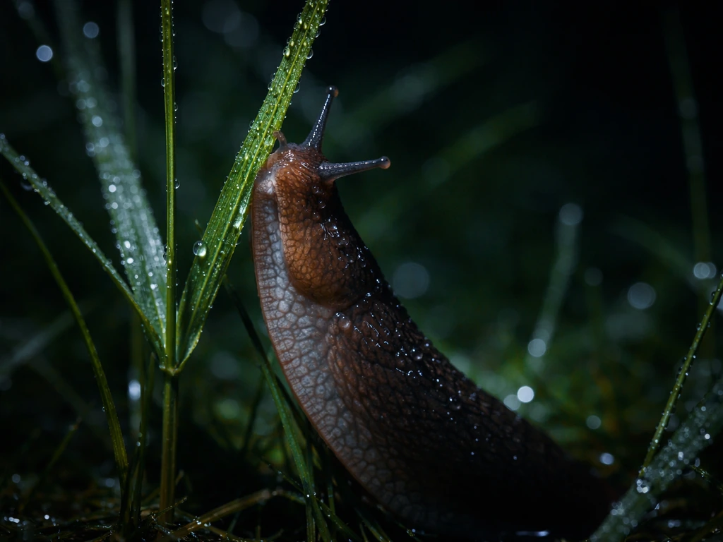 Glanzende naaktslak op nat gras bij nacht, met dauwdruppels en zachte onscherpte op de achtergrond.