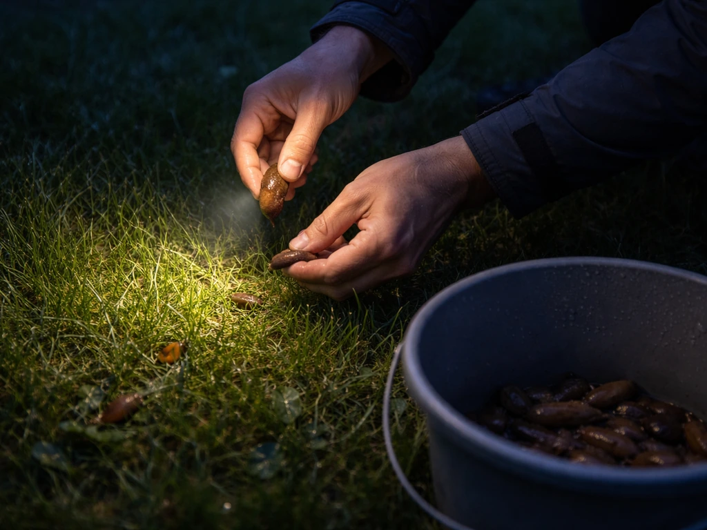 Tuin in de avond: handen rapen naaktslakken uit het gras met een zaklamp en emmer