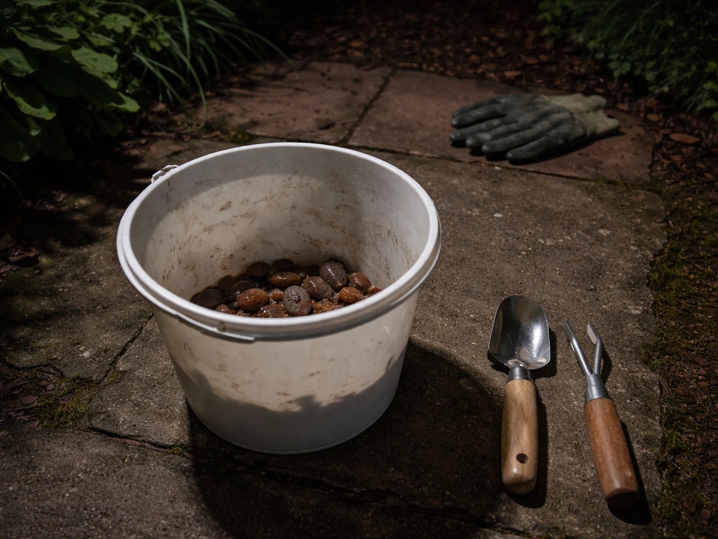 Emmer met weggeraapte naaktslakken en raapgereedschap in de donkere tuin, met handschoenen op de achtergrond.