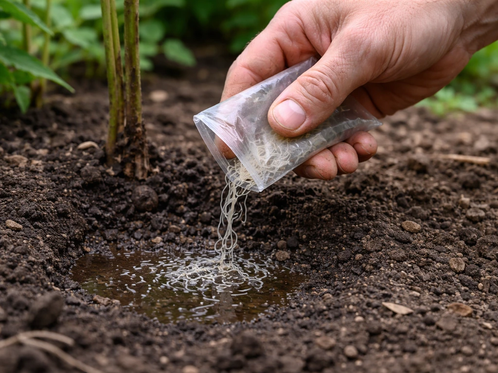Hand giet aaltjes op vochtige tuingrond voor biologische slakkenbestrijding, minimalistische tuinsetting.
