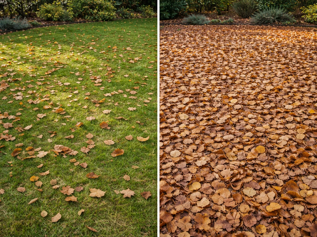 Twee gazonzones: links dunne losse bladeren, rechts een verdichte bladmat die het gras verstikt.
