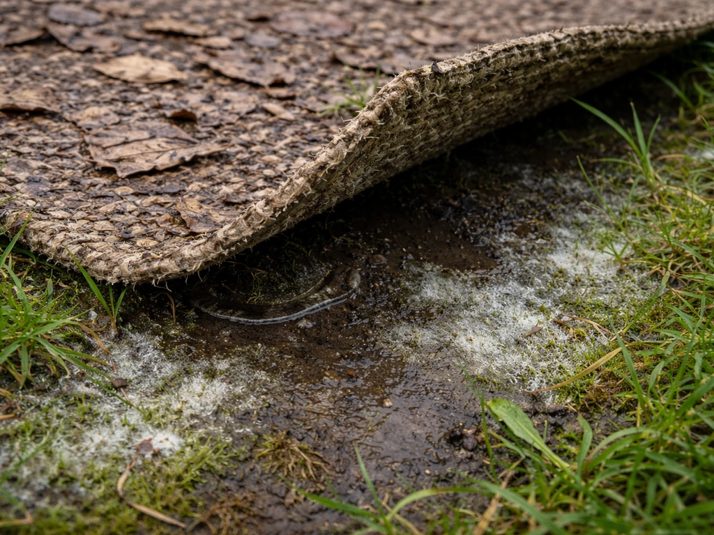 Close-up van een bladmat in de tuin met vochtige schuilplek, schimmel/waas op gras en subtiele sporen.