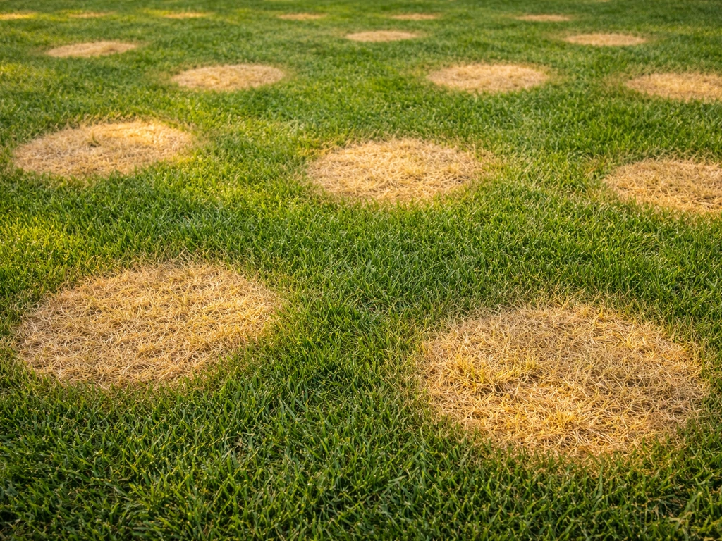 Gazon close-up met ronde gele vlekken en scherp begrensde randen in het gras.