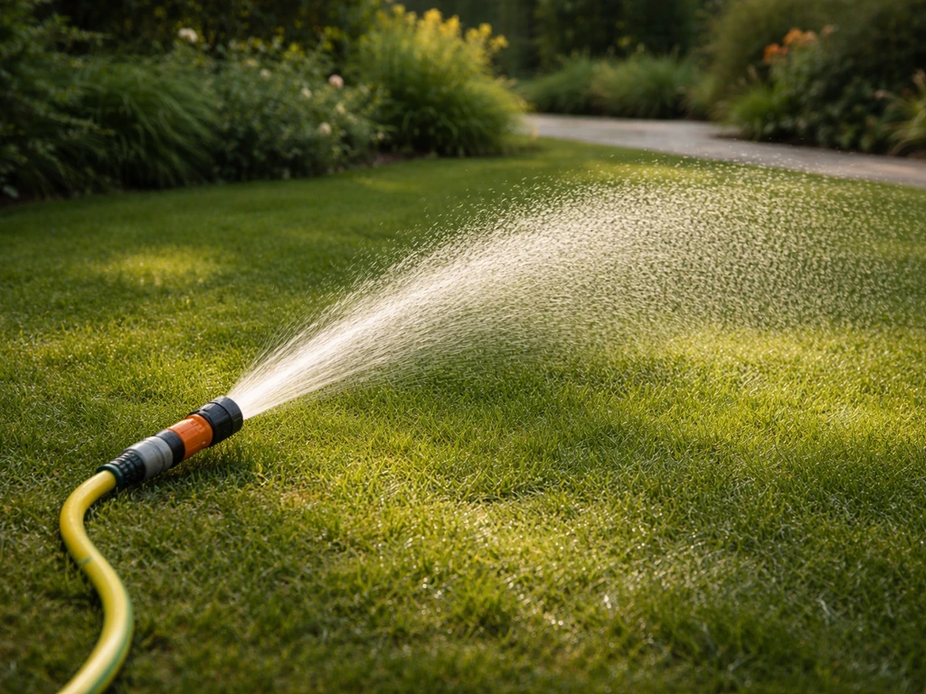 Tuin sproeier geeft waterstraal op gemarkeerde grasvlekken, passend bij grondig maar niet dagelijks water geven.