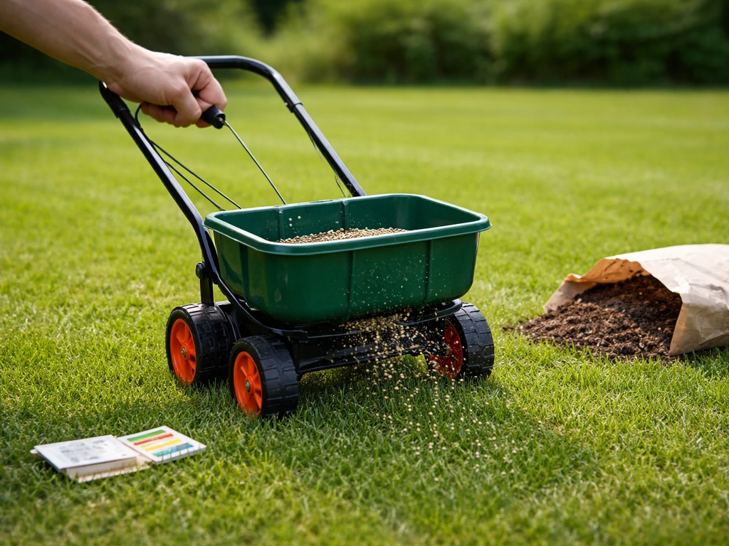 Hand met strooier die mestkorrels op een groen gazon verspreidt, met pH-teststrip bij het gras.