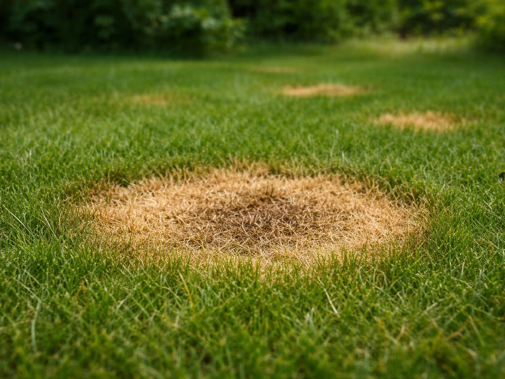 Goed afgebakende urineplek op gras met verdroogde, geelbruine rand en duidelijke grens.
