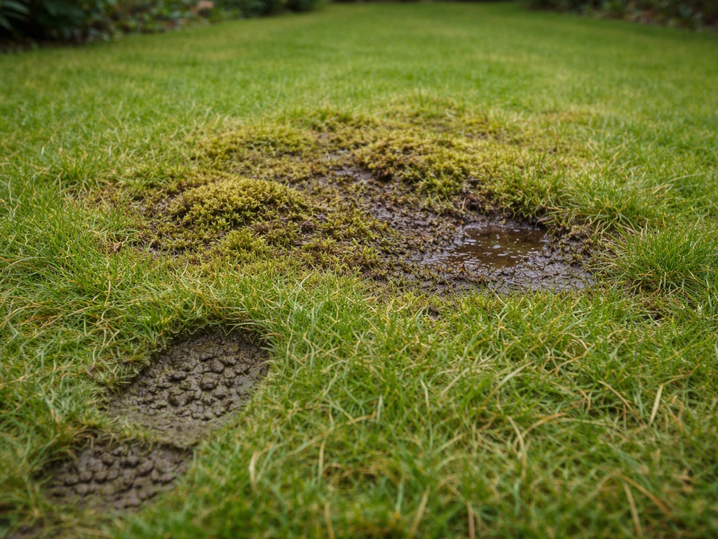Close-up van een mosrijk, sponsachtig stukje gras met een voetafdruk en lichte helling die problemen suggereert.
