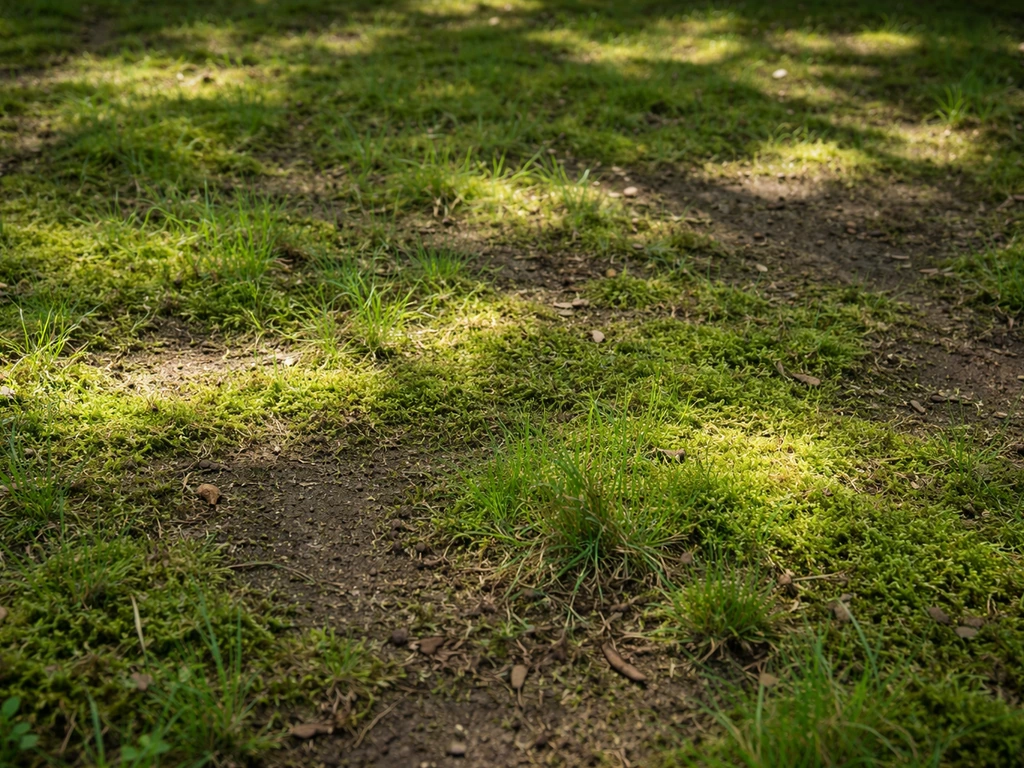Schaduwrijk gazon met mos en dunne plekken, met lichtvlekken van boombladeren op de grond.
