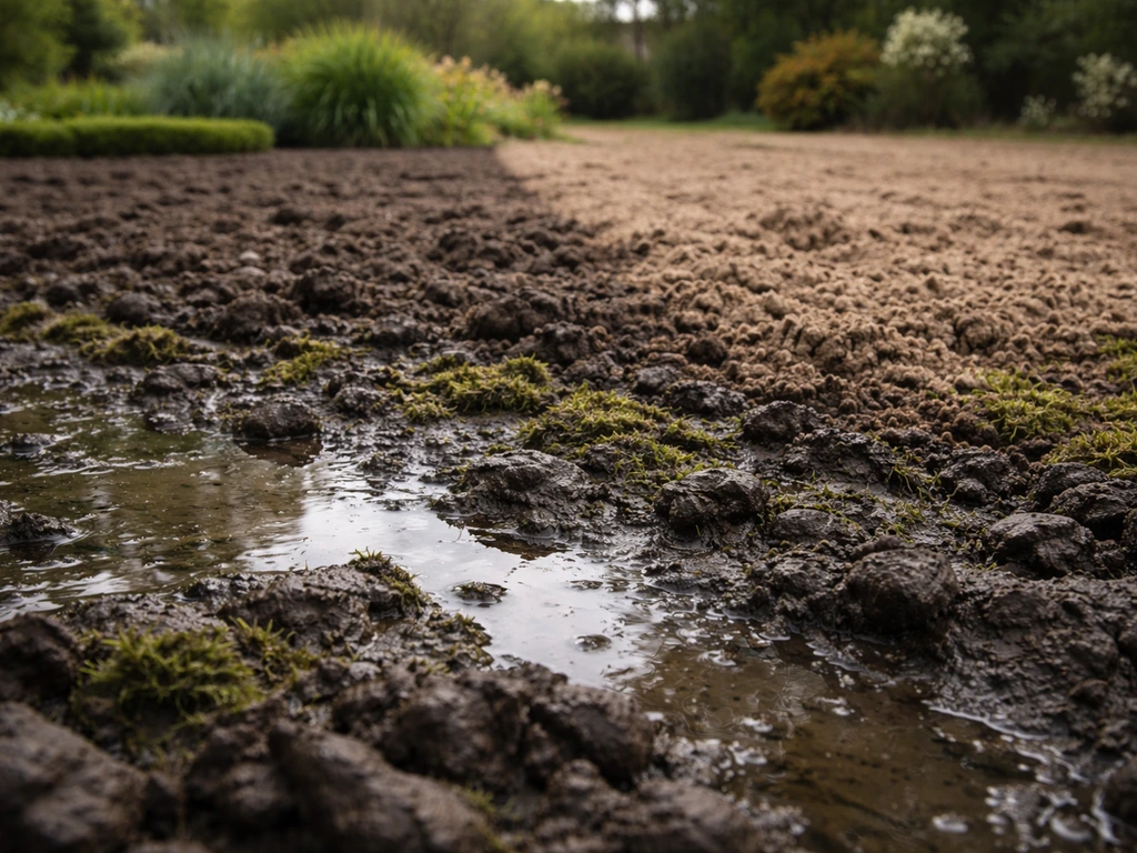 Tuinperceel met natte, donkere kleiplek met mos en een drogere rand op de achtergrond