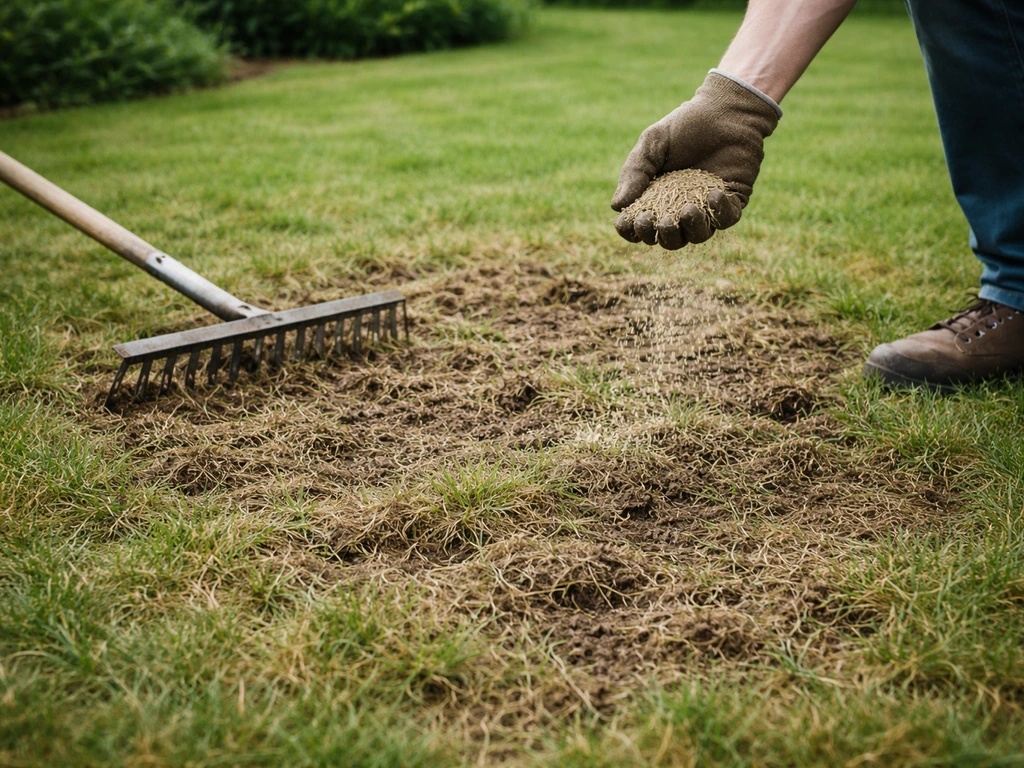 Hand met hark die een opengewerkte grasmat ruimt en klaarstaat om graszaad te strooien.