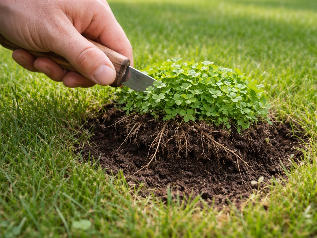 Hand die klaver met wortel en aarde uitsteekt bij een kleine plek in het gras