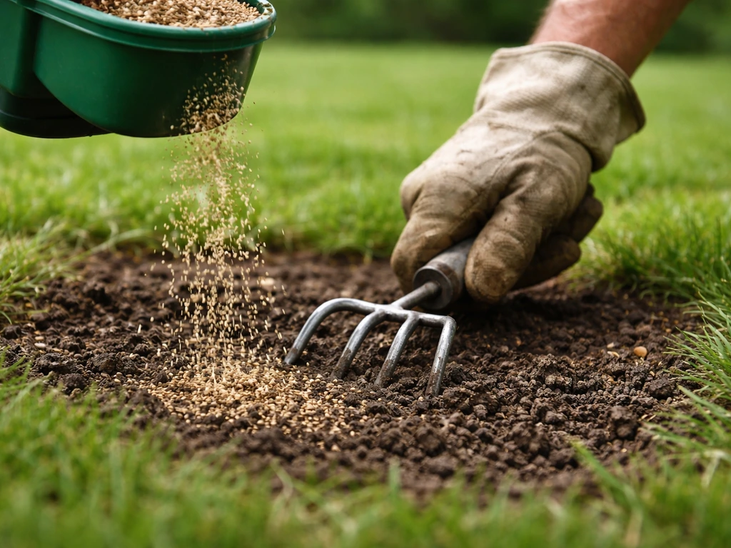 Hand strooit graszaad op een kale plek na het verwijderen van klaver, met licht losgeharkte grond.