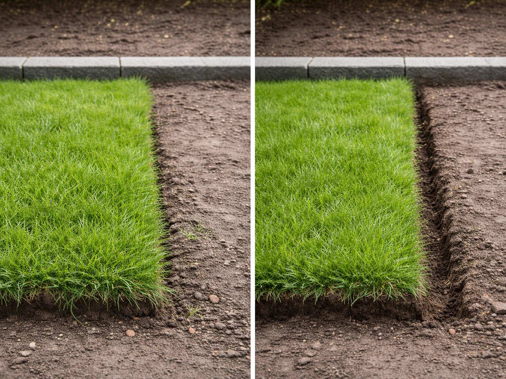 Twee naast elkaar liggende grasranden: links strak geknipt bovenrand, rechts afsteken met zichtbaar verwijderd overgroei