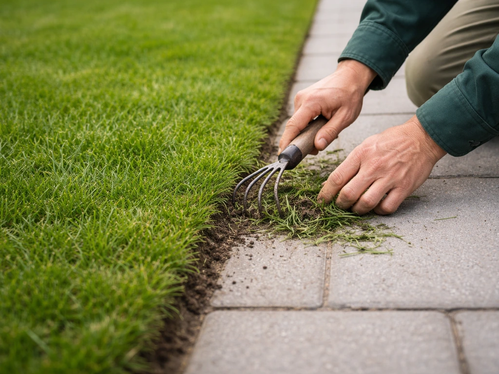 Een tuinier harkt en veegt grasresten van een strakke grasrand voor een schone, scherpe afwerking