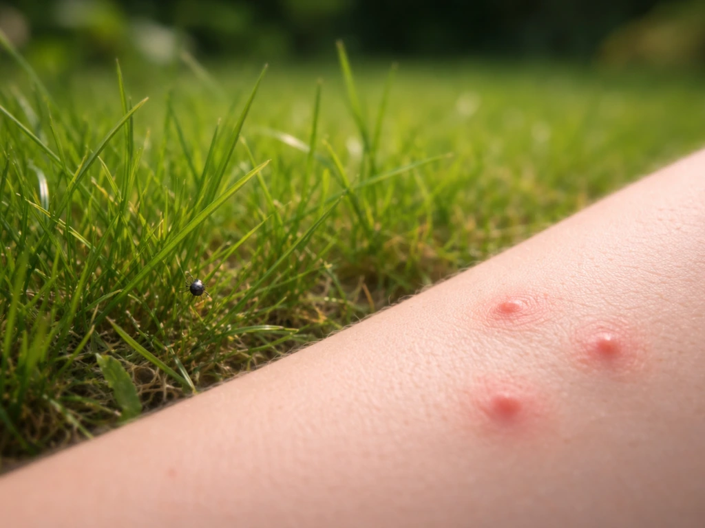 Close-up van kleine insecten in gras met een paar rode bultjes als beten—zonder tekst of labels