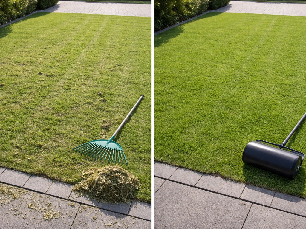 Voor/na-opname van een gazon: links gemaaid en deels opgeschoond, rechts kort en schoon met prikgaatjes.