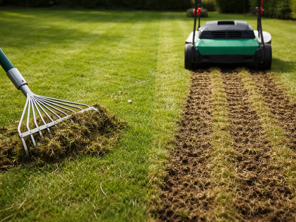 Links losse mosklonten bij een hark, rechts een verticuteermachine snijdt vilt en mos los in het gras.