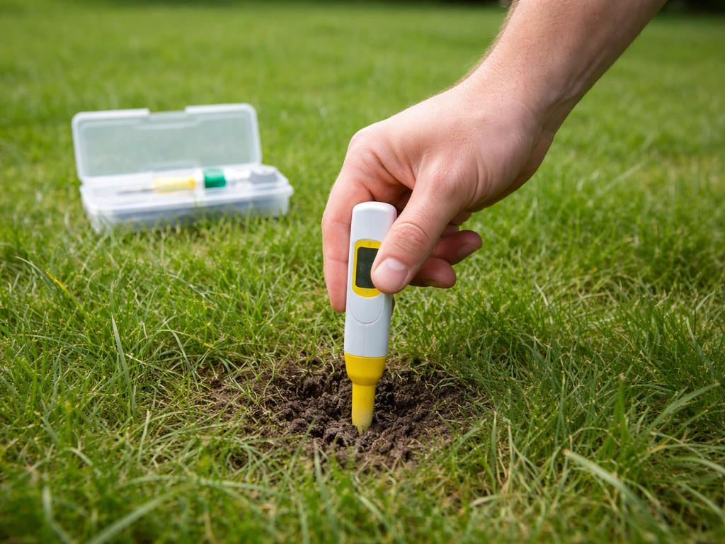 Hand meet de pH in het gazon met een pH-meetset, met de kleine meetset op de grond naast het gras.
