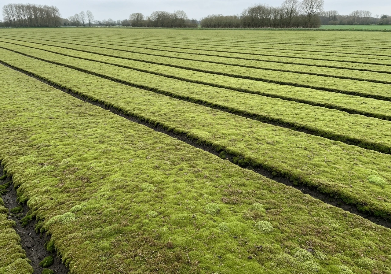 Bovenaanzicht van een Nederlands gazon met moszones die net losgemaakt zijn en verticutereerstrepen.
